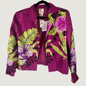 Kula Kula Womens 100% Silk Magenta Tropical Floral Blazer Jacket Size M NWT